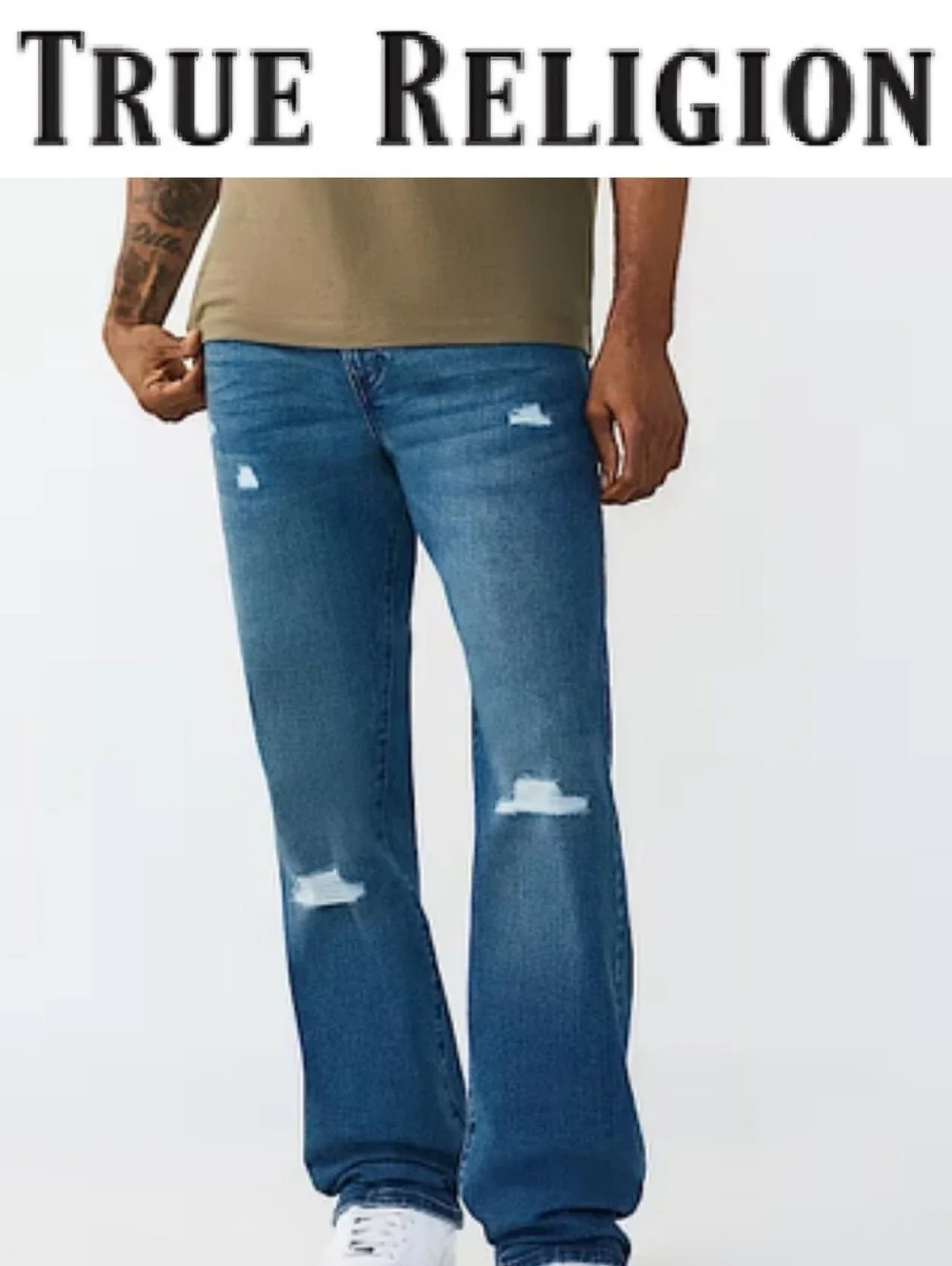 True Religion Ricky RIP Repair Straight Jeans- Medium Blue Comet Wash
